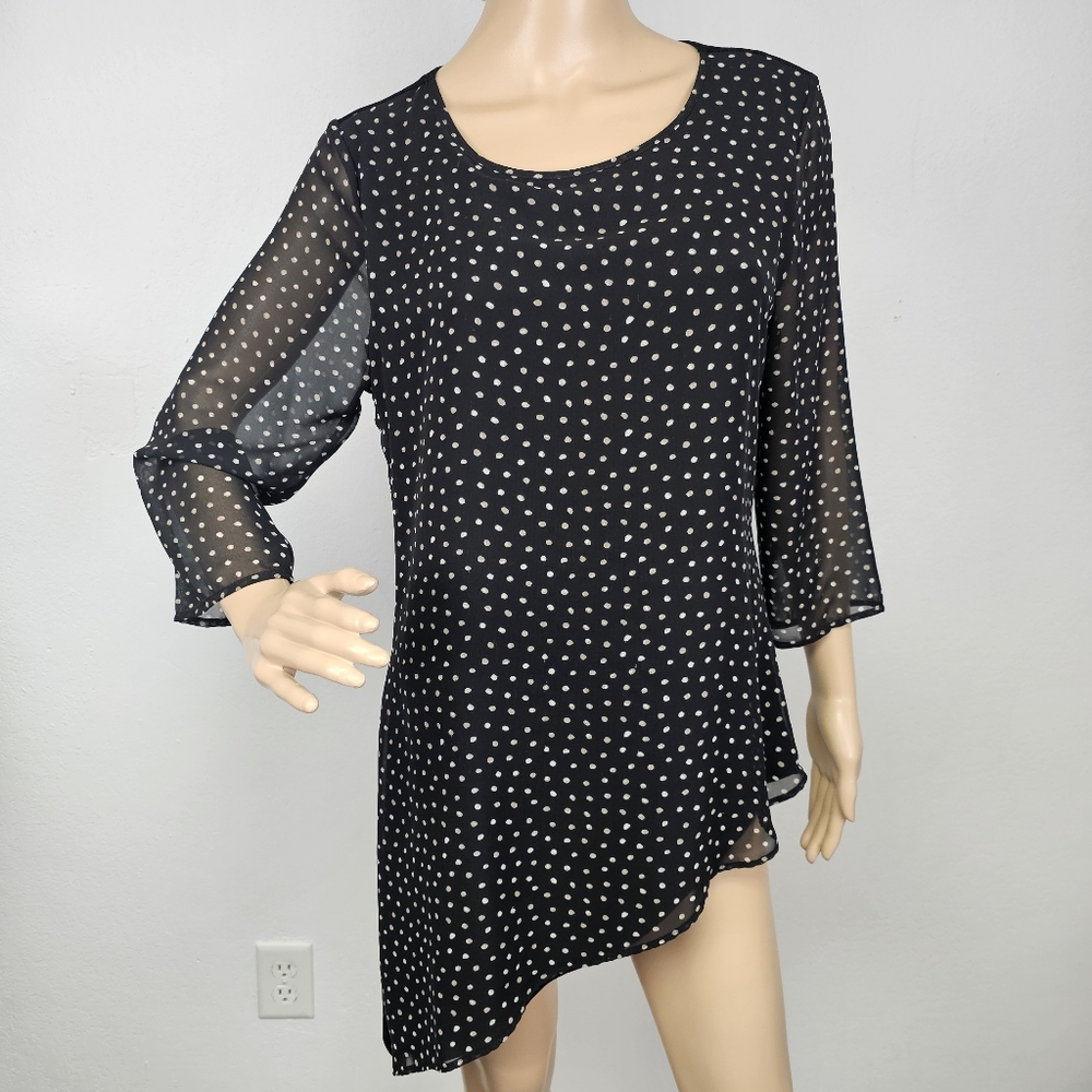 Chico's Travelers Tunic Black Knit Body Sheer Polka Dot Overlay & Sleeves Sz S